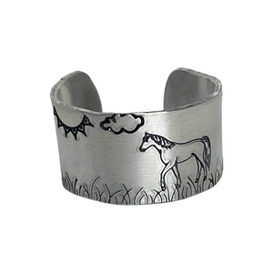 Handmade 9/10 stamped horse‎ silver adjustable hypoallergenic wide cuff ring